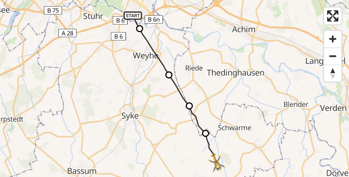 Flugroute Rettungshubschrauber Bremen - Bruchhausen-Vilsen, 21 April 2026, 14:58