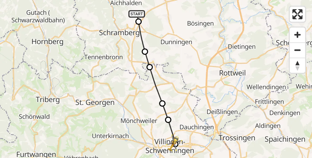 Flugroute Rettungshubschrauber Aichhalden - DRF Air Rescue Station Villingen-Schwenningen Hubschrauberlandeplatz (Christoph 11), 21 April 2026, 15:04