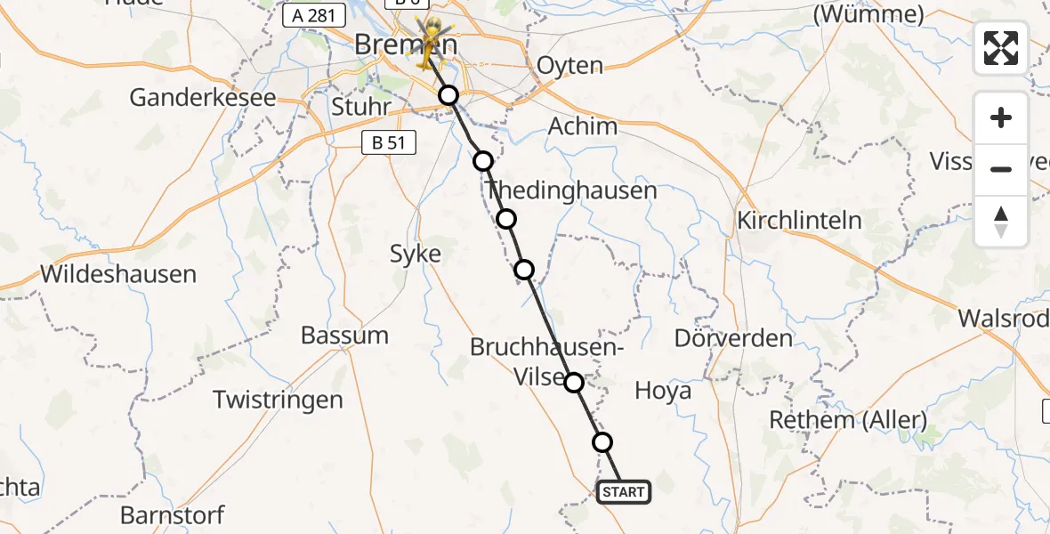 Flugroute Rettungshubschrauber Warpe - Bremen, 21 April 2026, 15:33