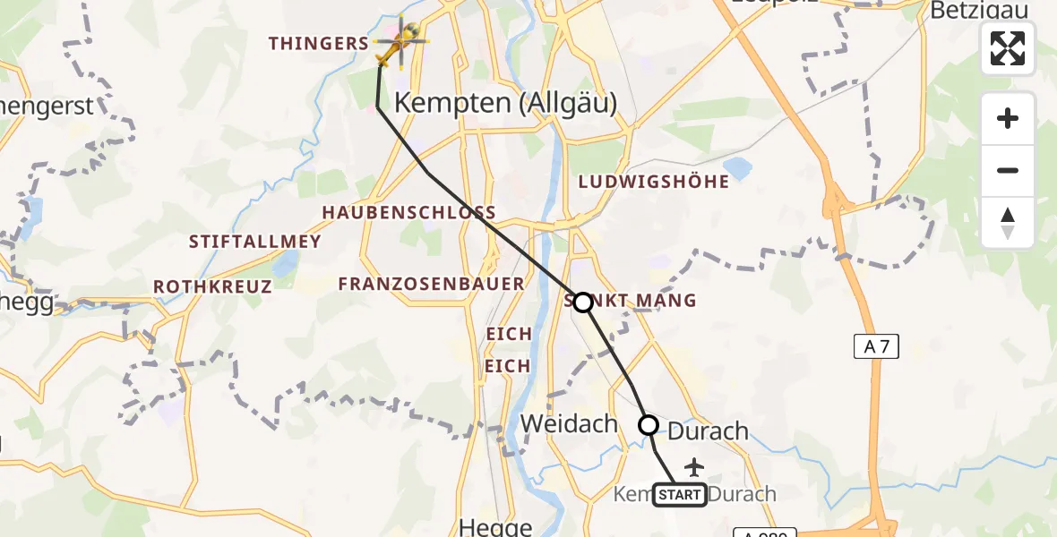 Flugroute Rettungshubschrauber Kempten-Durach Flugplatz - Kempten (Allgäu), 21 April 2026, 15:42