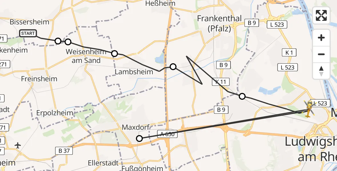 Flugroute Rettungshubschrauber Bissersheim - Ludwigshafen am Rhein, 21 April 2026, 15:43