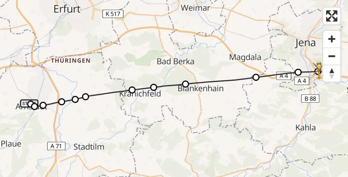 Flugroute Ambulanzhubschrauber Ilm District Hospital Arnstadt-Ilmenau - Jena University Hospital, 21 April 2026, 15:47