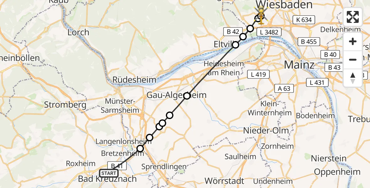 Flugroute Rettungshubschrauber Bad Kreuznach - Helios Horst Schmidt Klinik (HSK) Hubschrauberlandeplatz, 21 April 2026, 15:49