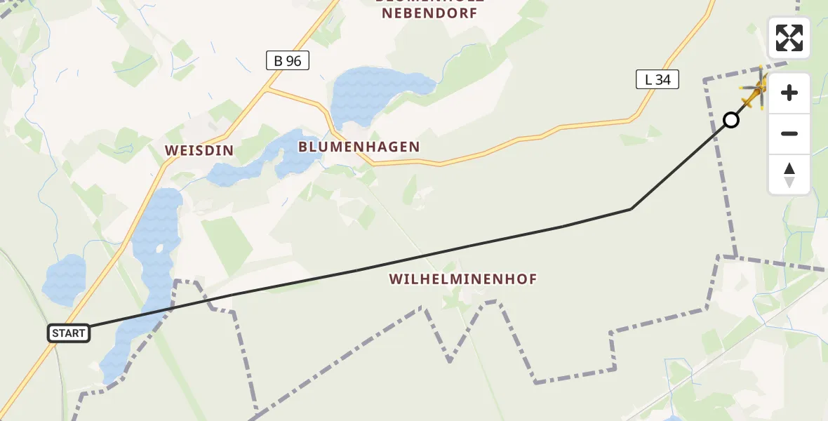 Flugroute Rettungshubschrauber Blumenholz - Blankensee, 21 April 2026, 15:54