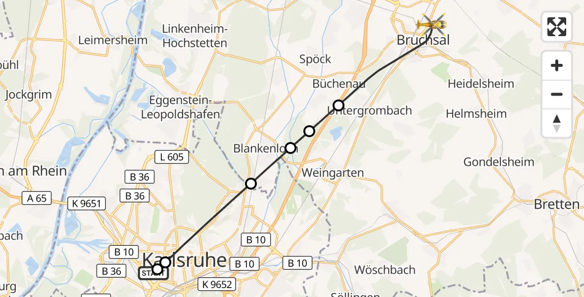 Flugroute Rettungshubschrauber Sankt Vincentius Hospital - Bruchsal, 21 April 2026, 15:57