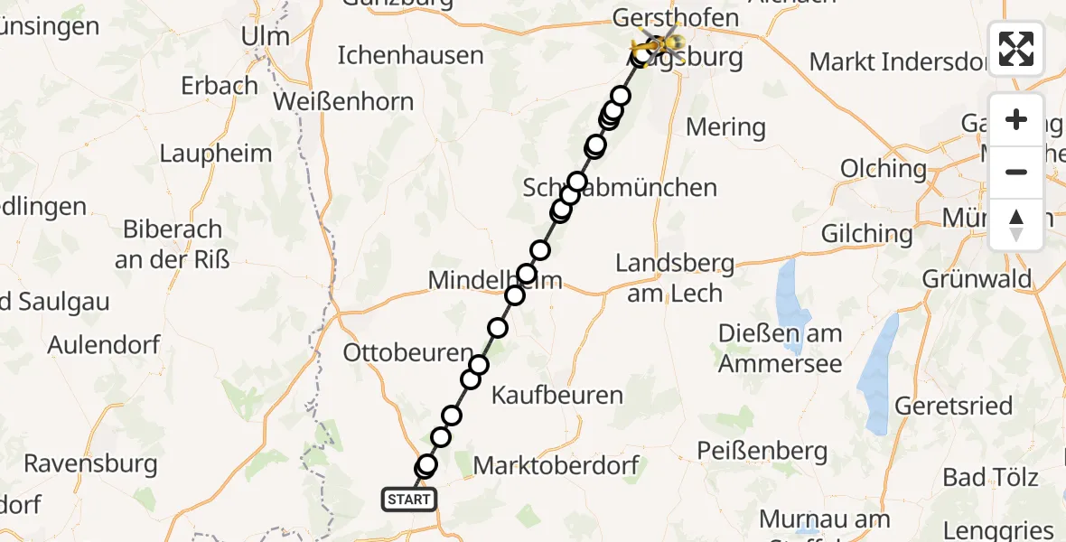 Flugroute Rettungshubschrauber Kempten (Allgäu) - Augsburg University Hospital, 21 April 2026, 15:57