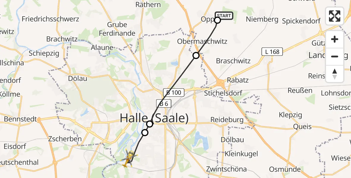 Flugroute Ambulanzhubschrauber Halle-Oppin Flugplatz - Halle (Saale), 21 April 2026, 15:58