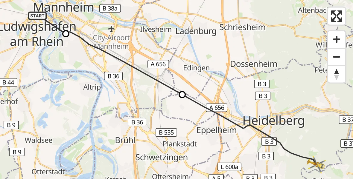Flugroute Rettungshubschrauber Ludwigshafen am Rhein - Heidelberg, 21 April 2026, 16:12