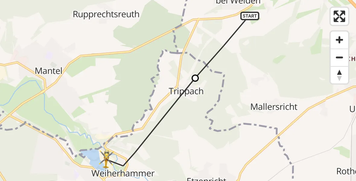 Flugroute Rettungshubschrauber Weiden i.d.OPf. - Weiherhammer, 21 April 2026, 16:18