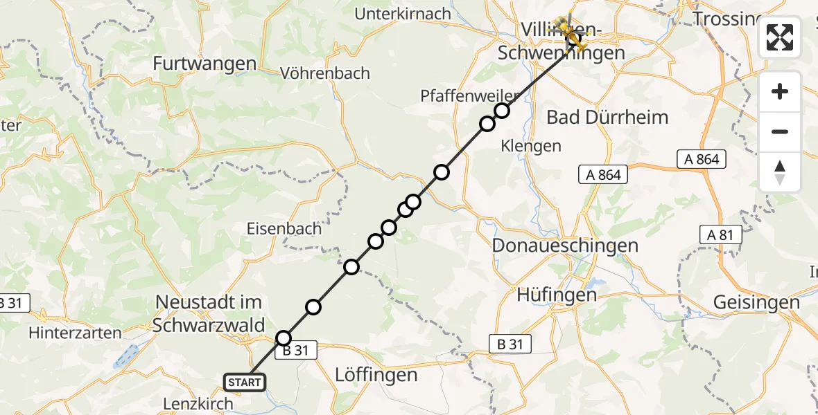 Flugroute Rettungshubschrauber Lenzkirch - DRF Air Rescue Station Villingen-Schwenningen Hubschrauberlandeplatz (Christoph 11), 21 April 2026, 16:18