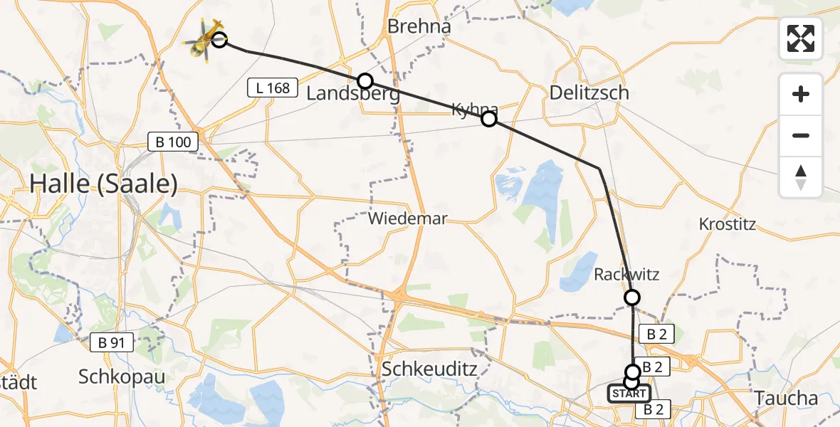 Flugroute Rettungshubschrauber Sankt Georg Hospital Leipzig Reserve - Halle-Oppin Flugplatz, 21 April 2026, 16:30
