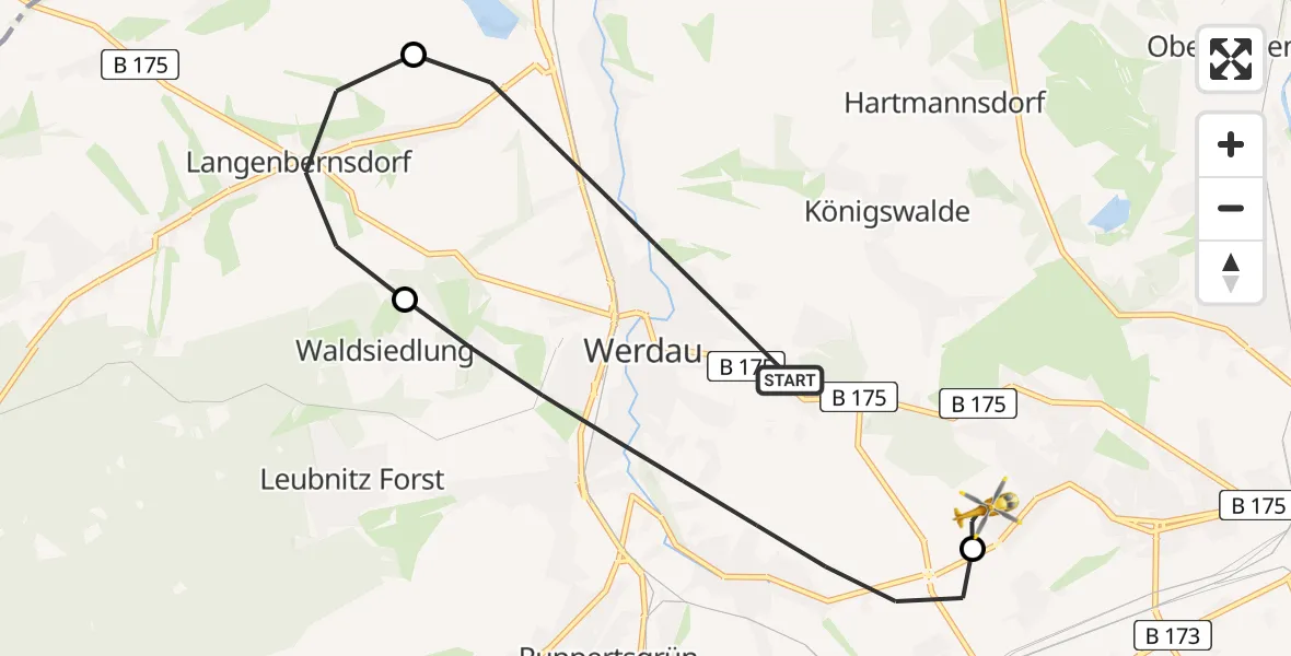 Flugroute Rettungshubschrauber Werdau - ADAC Air Rescue Station Zwickau Hubschrauberlandeplatz, 21 April 2026, 16:38