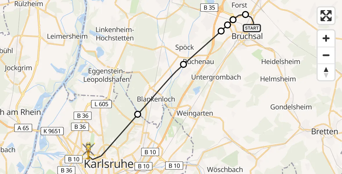 Flugroute Rettungshubschrauber Bruchsal - Karlsruhe, 21 April 2026, 16:39