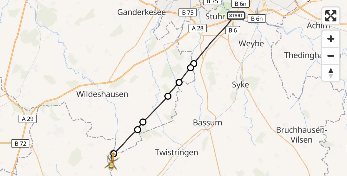 Flugroute Rettungshubschrauber Stuhr - Twistringen, 21 April 2026, 16:41
