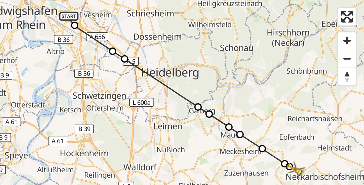 Flugroute Rettungshubschrauber Mannheim-City Flughafen - Waibstadt, 21 April 2026, 16:46