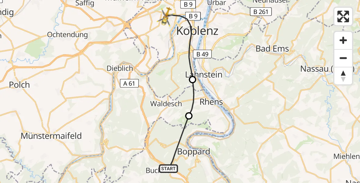 Flugroute Rettungshubschrauber Boppard - Koblenz, 21 April 2026, 16:48