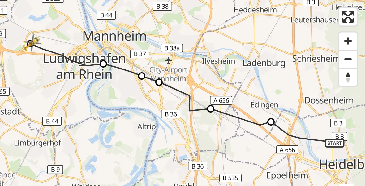 Flugroute Rettungshubschrauber Heidelberg - Ludwigshafen Accident Hospital Hubschrauberlandeplatz, 21 April 2026, 16:50