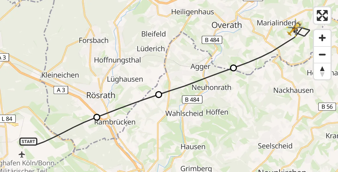 Flugroute Rettungshubschrauber Köln Bonn Flughafen - Overath, 21 April 2026, 16:52