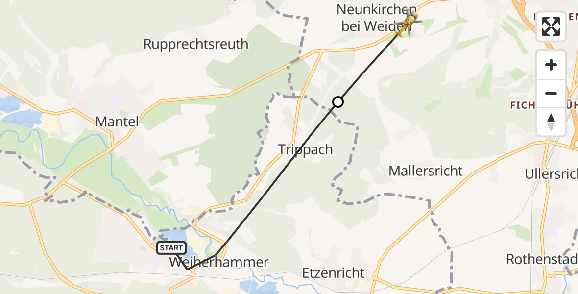 Flugroute Rettungshubschrauber Weiherhammer - Weiden i.d.OPf., 21 April 2026, 16:54