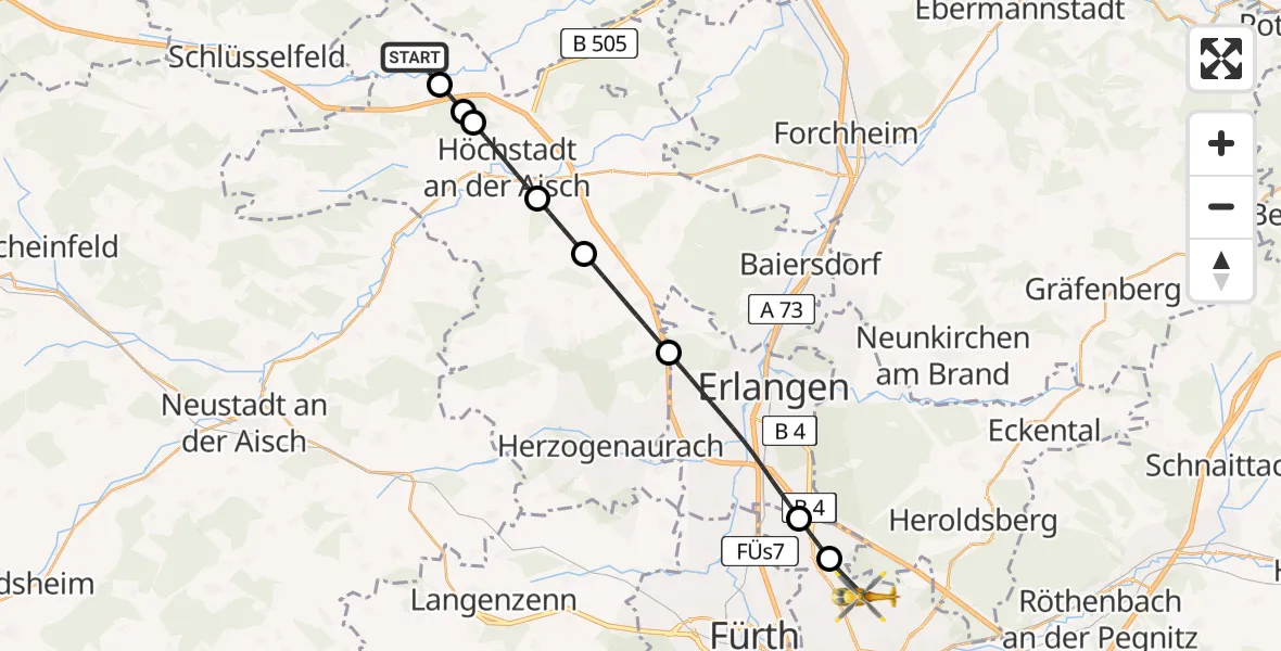 Flugroute Rettungshubschrauber Mühlhausen - Flughafen Nuremberg, 21 April 2026, 17:10