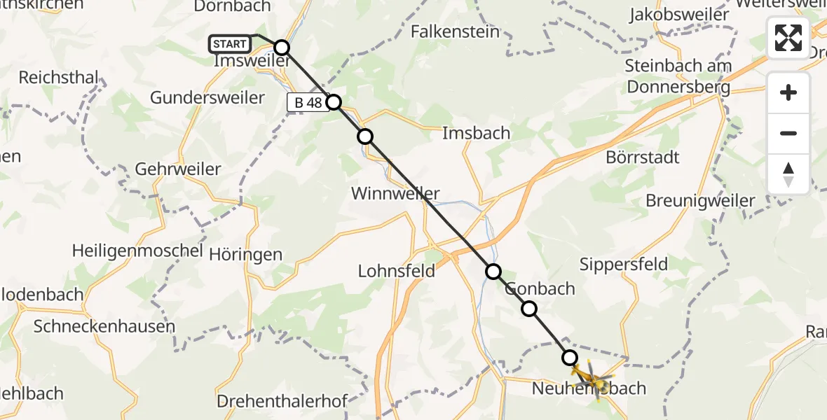 Flugroute Rettungshubschrauber Imsweiler UL - Neuhemsbach, 21 April 2026, 17:14