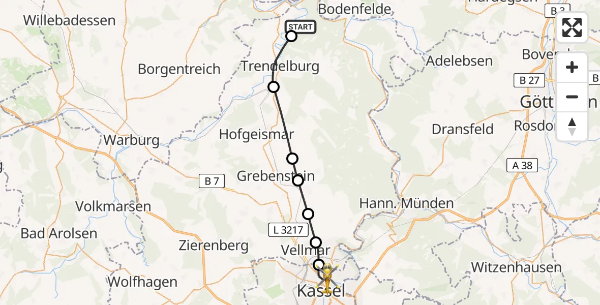 Flugroute Rettungshubschrauber Bad Karlshafen - Kassel, 21 April 2026, 17:17