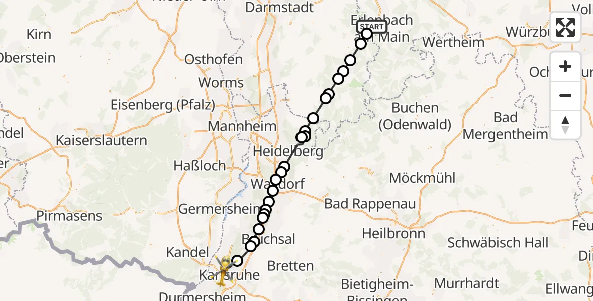 Flugroute Ambulanzhubschrauber Obernburg a.Main - Karlsruhe, 21 April 2026, 17:27