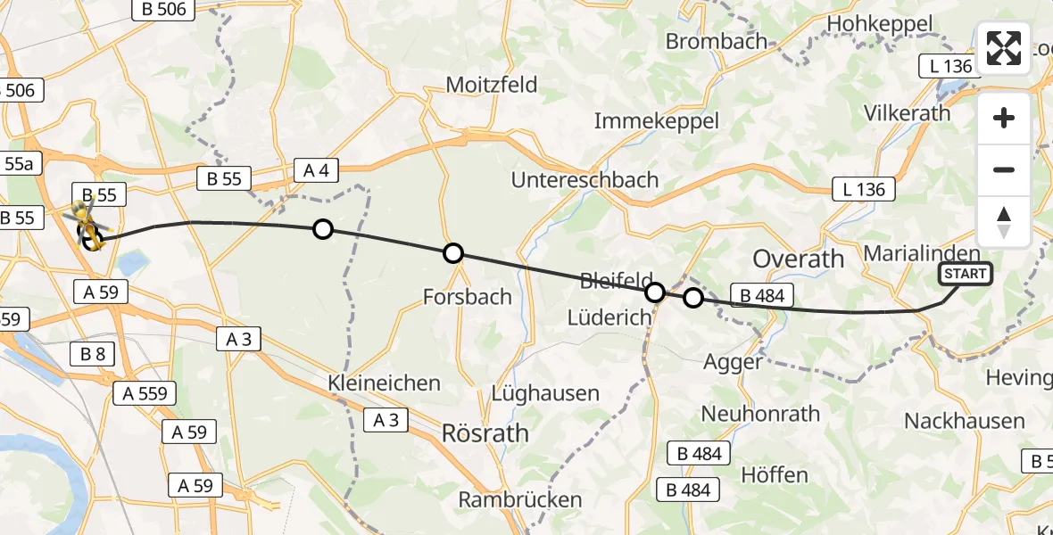Flugroute Rettungshubschrauber Overath - Merheim Hospital, 21 April 2026, 17:29