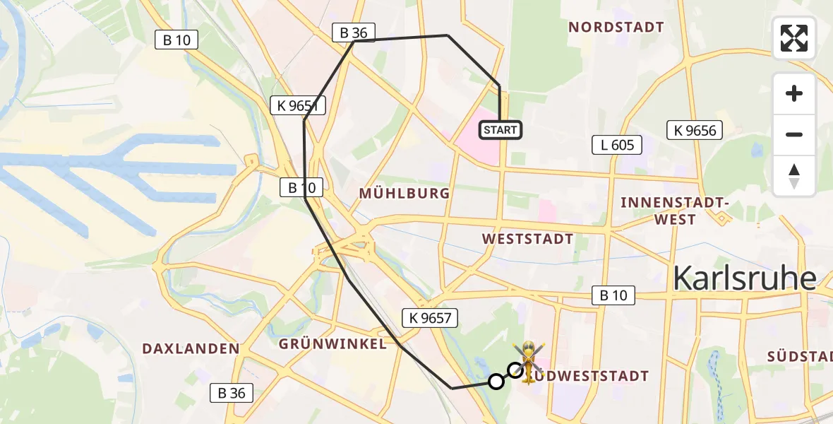 Flugroute Rettungshubschrauber Karlsruhe - Sankt Vincentius Hospital, 21 April 2026, 17:34