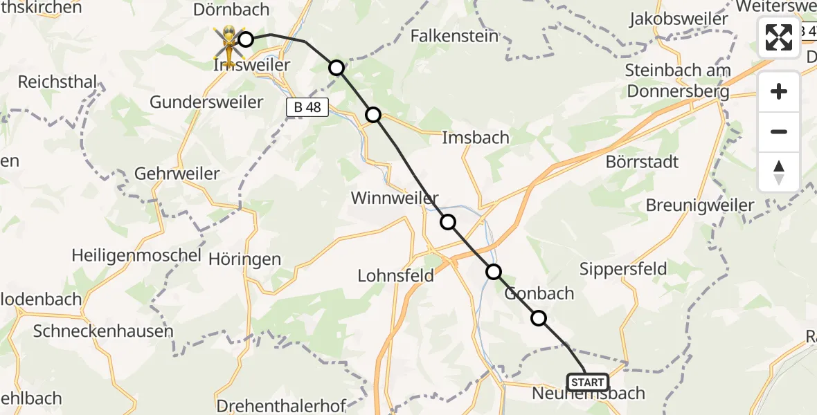 Flugroute Rettungshubschrauber Neuhemsbach - Imsweiler UL, 21 April 2026, 17:41
