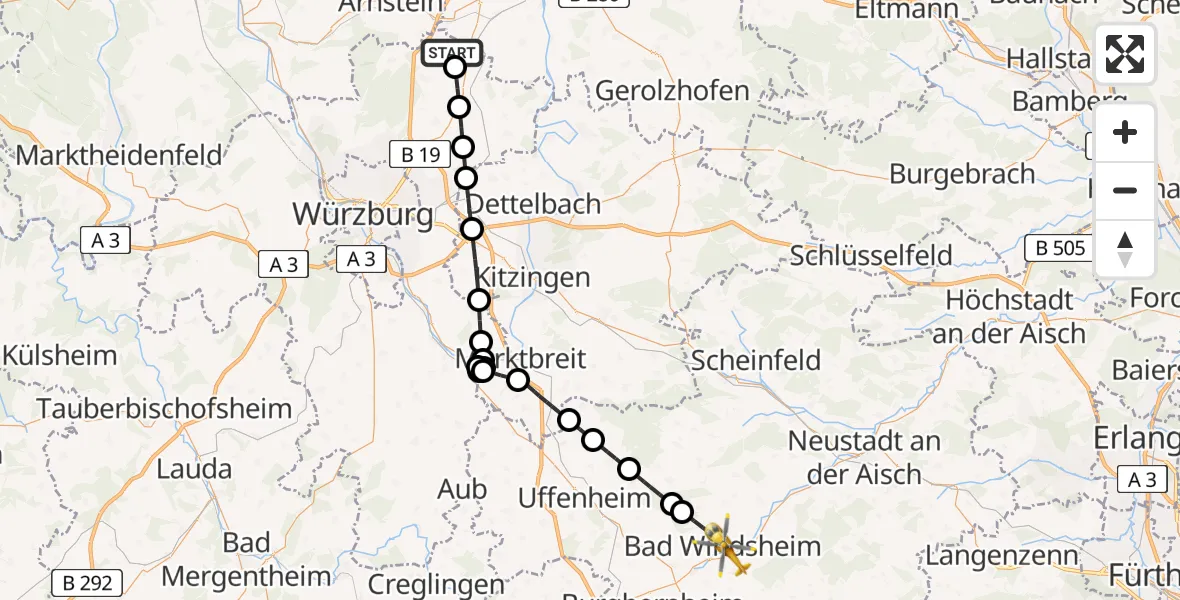 Flugroute Rettungshubschrauber Hausen b.Würzburg - Bad Windsheim, 21 April 2026, 17:47