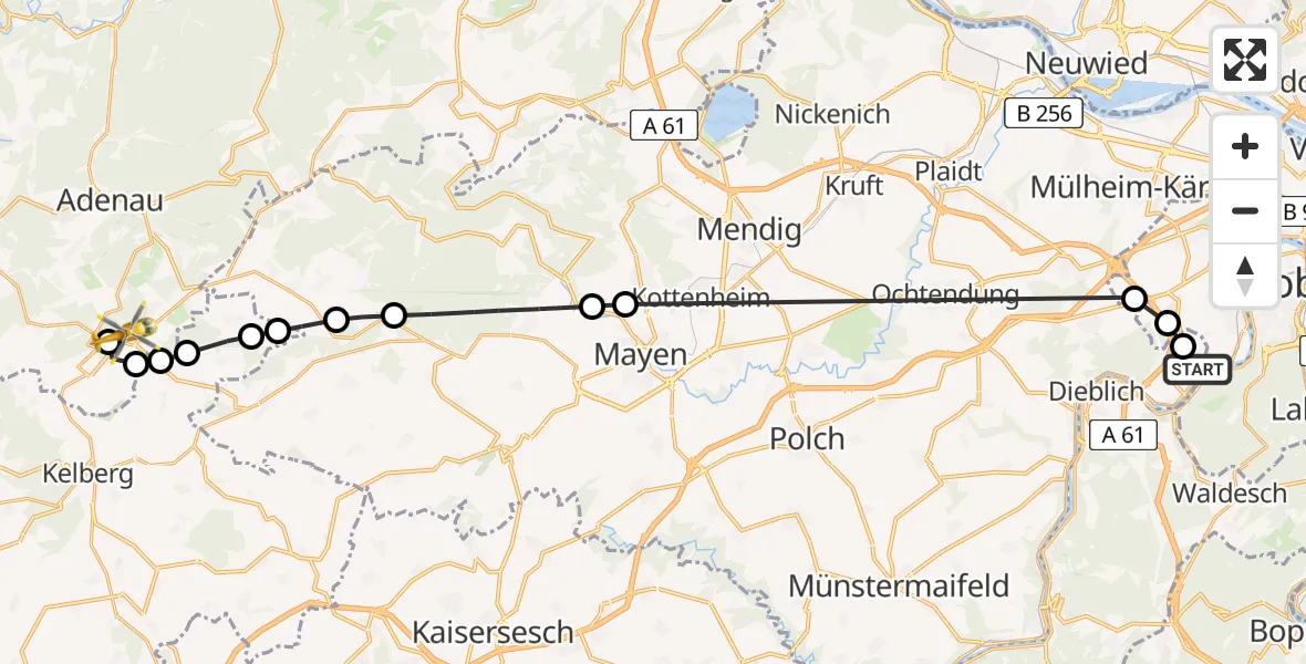 Flugroute Ambulanzhubschrauber Koblenz-Winningen Flugplatz - Nürburg, 21 April 2026, 17:56