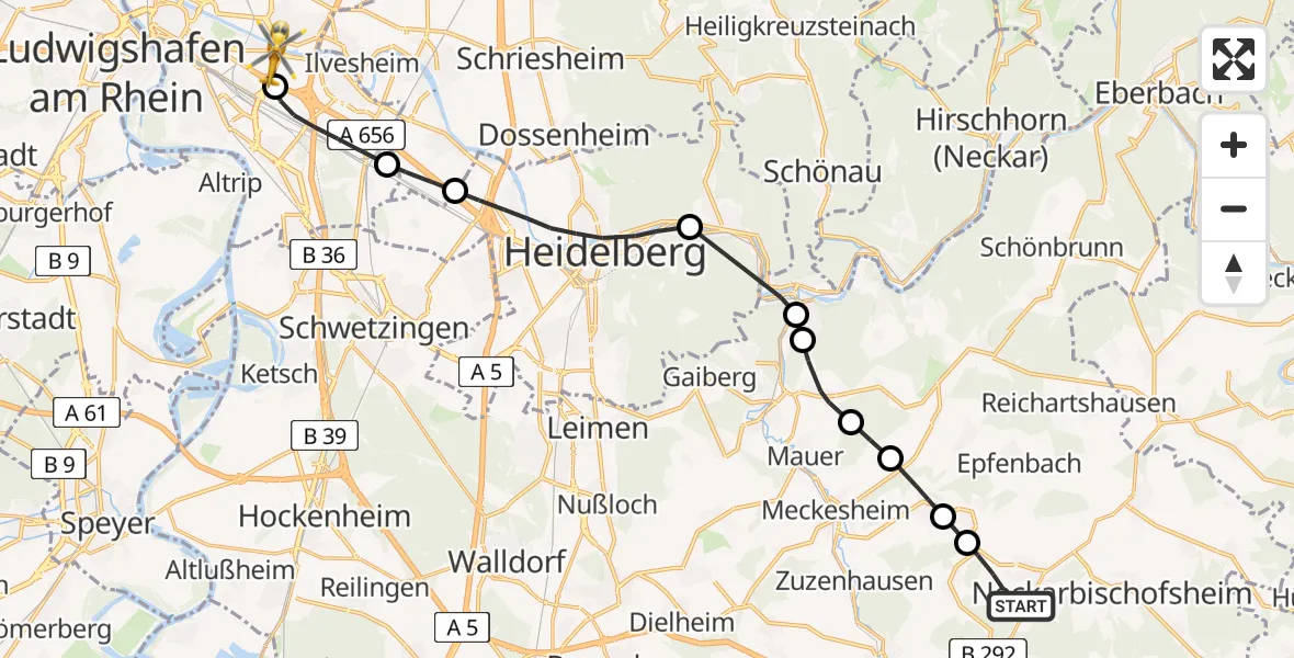 Flugroute Rettungshubschrauber Waibstadt - Mannheim-City Flughafen, 21 April 2026, 18:09