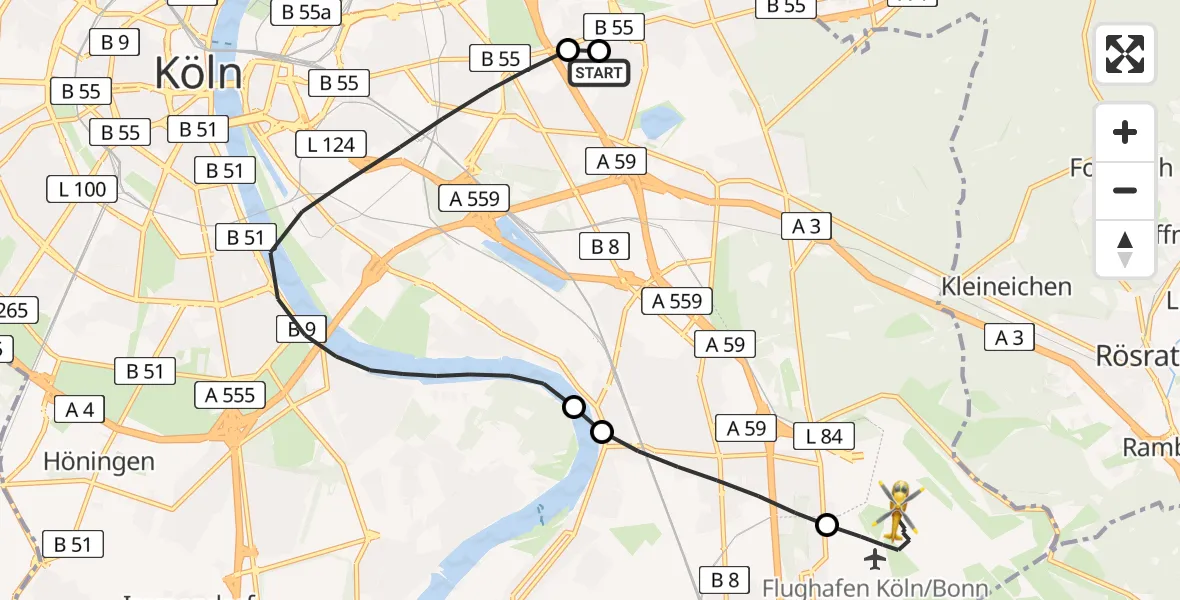 Flugroute Rettungshubschrauber Merheim Hospital - Köln Bonn Flughafen, 21 April 2026, 18:10