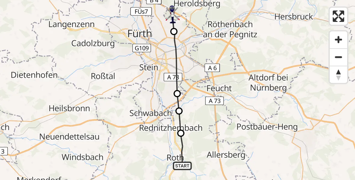 Flugroute Polizeihubschrauber Roth - Flughafen Nuremberg, 21 April 2026, 18:18
