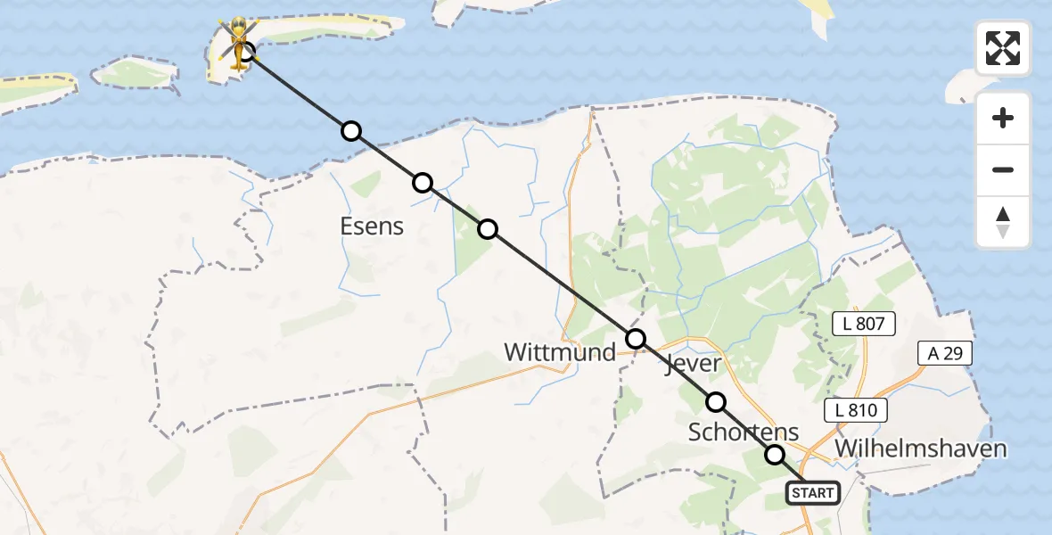 Flugroute Rettungshubschrauber Sande - Langeoog Flughafen, 21 April 2026, 18:47