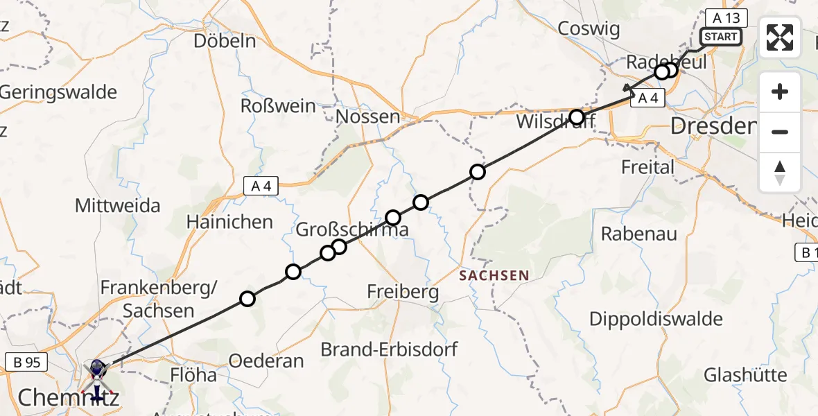 Flugroute Polizeihubschrauber Dresden - Chemnitz, 21 April 2026, 18:52