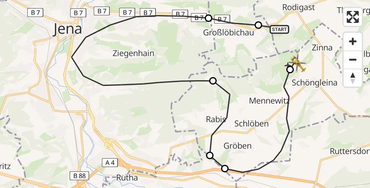 Flugroute Rettungshubschrauber Bürgel - Jena-Schöngleina Flugplatz, 21 April 2026, 18:56