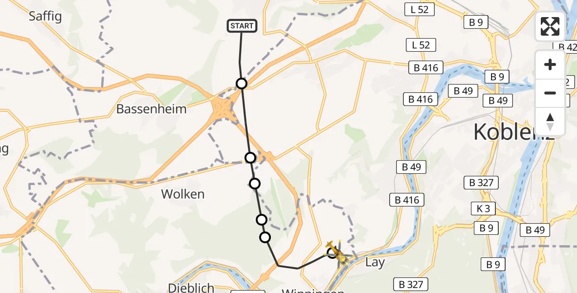Flugroute Ambulanzhubschrauber Mülheim-Kärlich - Koblenz-Winningen Flugplatz, 21 April 2026, 19:09