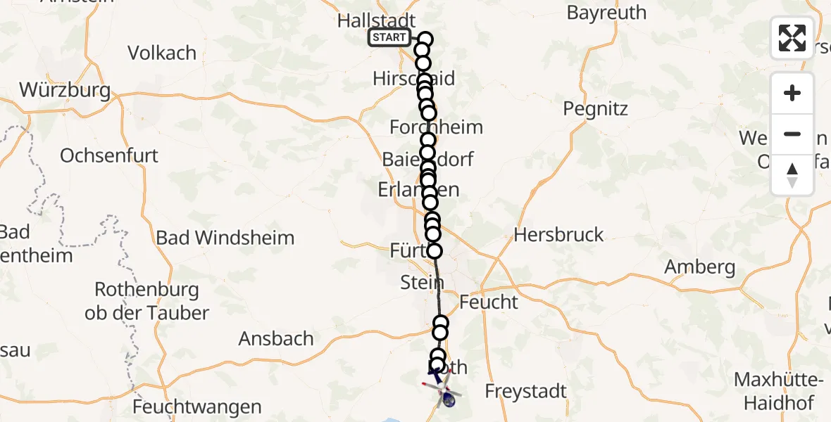 Flugroute Polizeihubschrauber Bamberg - Roth, 21 April 2026, 19:14