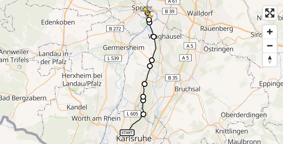 Flugroute Ambulanzhubschrauber Karlsruhe - Speyer Flugplatz, 21 April 2026, 19:21