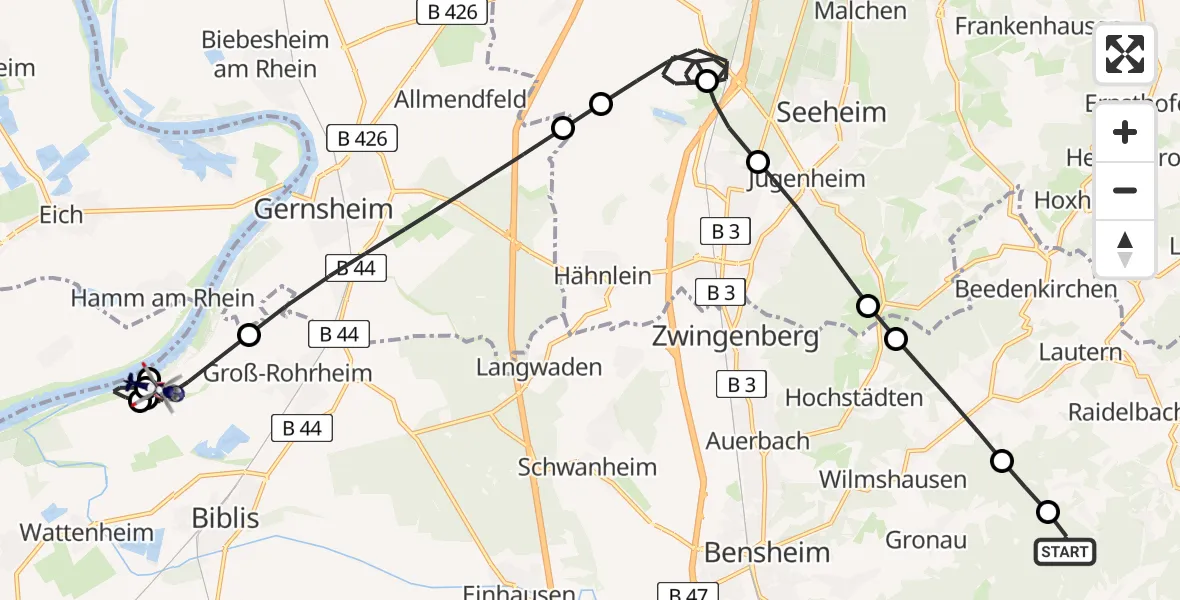 Flugroute Polizeihubschrauber Lautertal (Odenwald) - Groß-Rohrheim, 21 April 2026, 19:27