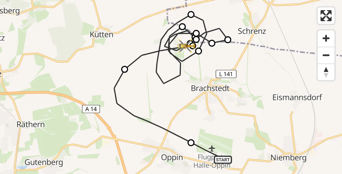 Flugroute Rettungshubschrauber Halle-Oppin Flugplatz - Petersberg, 21 April 2026, 19:42