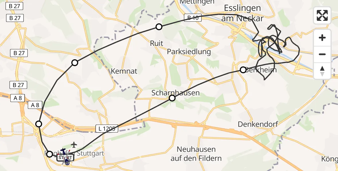 Flugroute Polizeihubschrauber Flughafen Stuttgart - Flughafen Stuttgart, 21 April 2026, 19:47