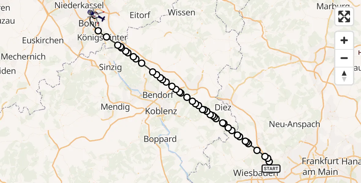 Flugroute Polizeihubschrauber Wiesbaden - Sankt Augustin, 21 April 2026, 19:48