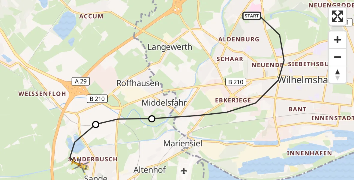 Flugroute Rettungshubschrauber Wilhelmshaven - Sande, 21 April 2026, 20:25