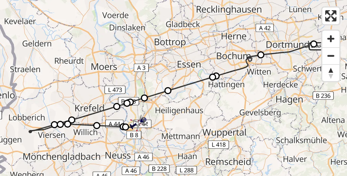 Flugroute Polizeihubschrauber Dortmund Flughafen - Düsseldorf Flughafen, 21 April 2026, 20:44