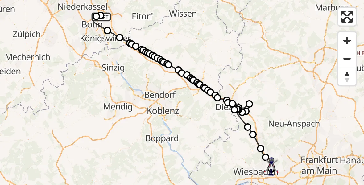 Flugroute Polizeihubschrauber Bonn-Hangelar Flugplatz - Autobahn Police Wiesbaden Hubschrauberlandeplatz, 21 April 2026, 20:57