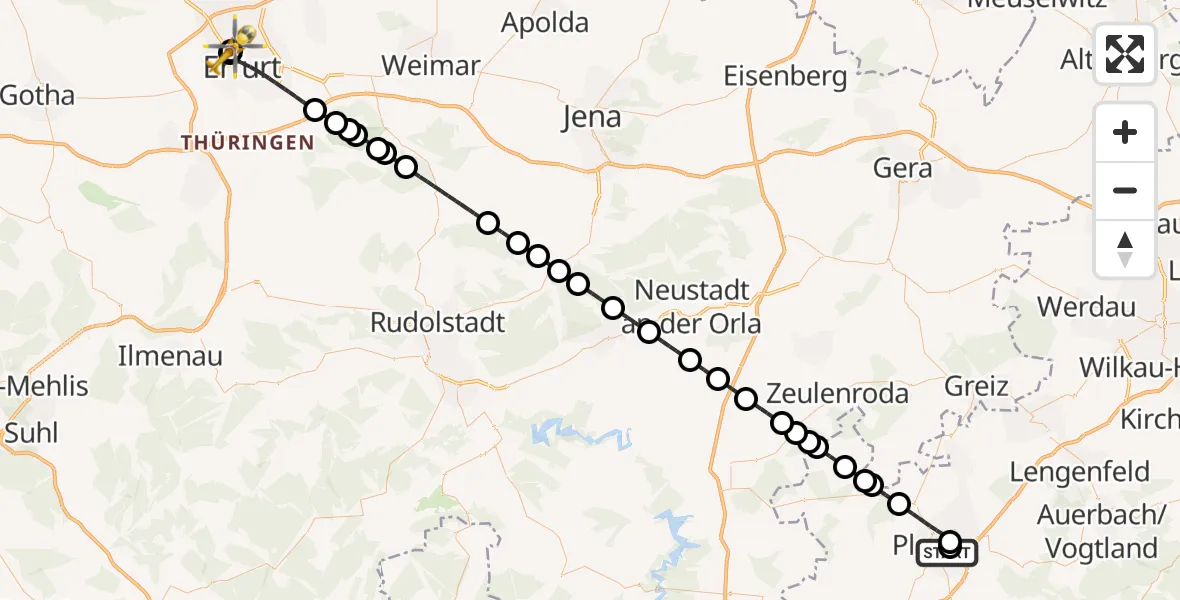 Flugroute Ambulanzhubschrauber Helios Clinic Plauen - Helios Clinic Erfurt, 21 April 2026, 21:01