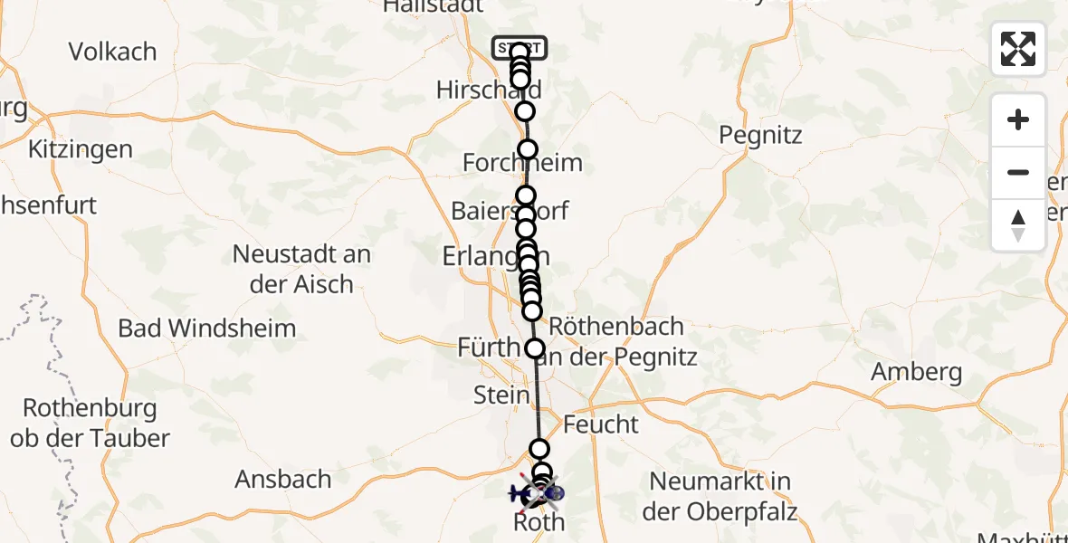 Flugroute Polizeihubschrauber Strullendorf - Roth, 21 April 2026, 21:08